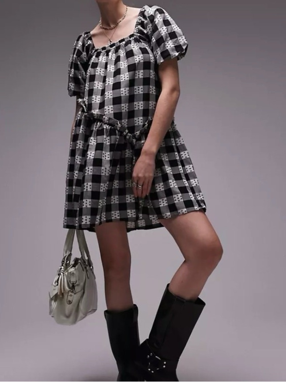 NWT Topshop Black and White Gingham Puff-Sleeve Mini Dress - Size 6